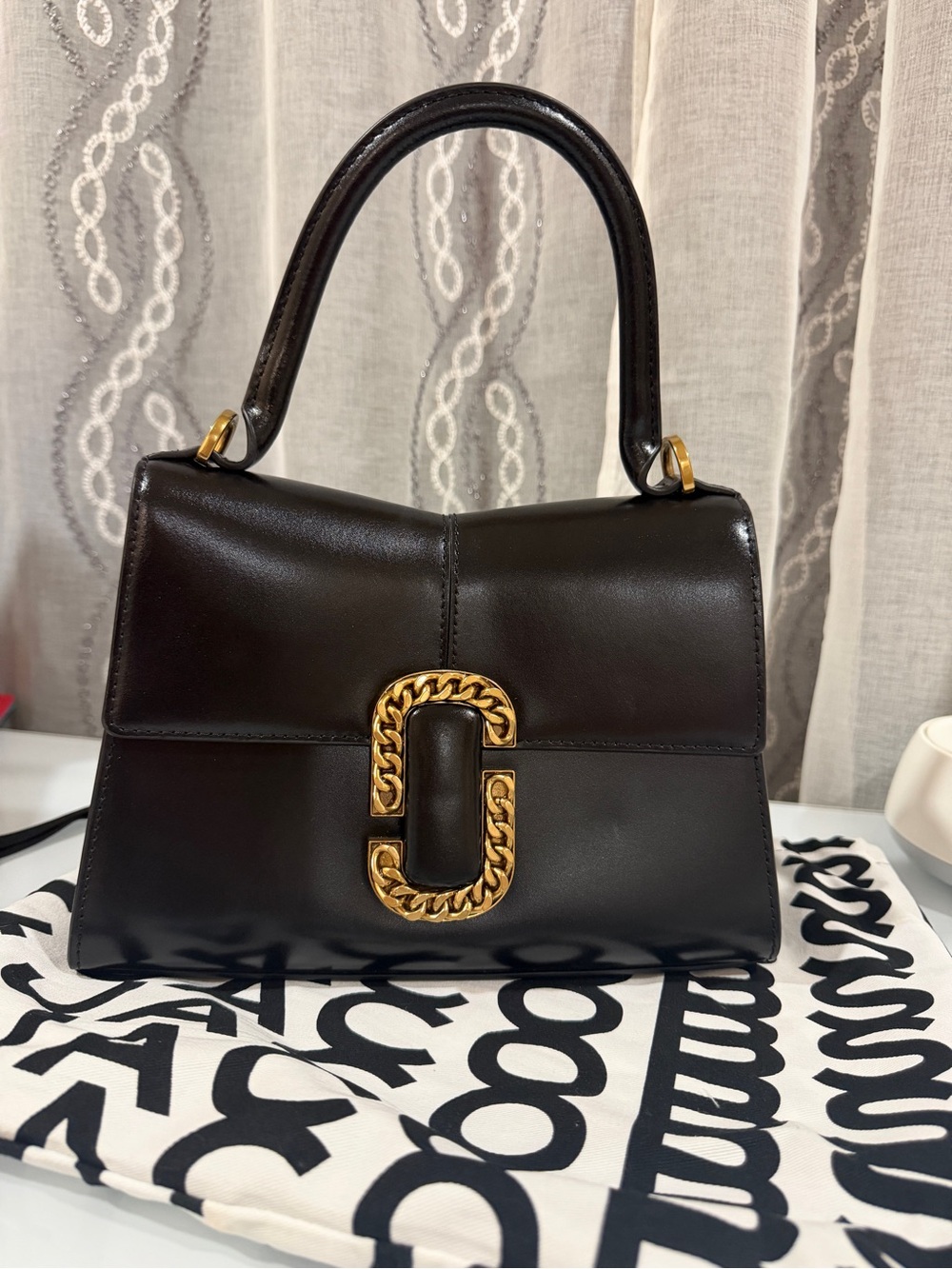 Marc Jacobs Black Leather Top-Handle Satchel with Gold Chain-Link Logo